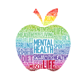 Word art with positive mental health words in rainbow colors
